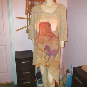 Vtg Wild Horse Gauze Tunic Top Size XL Hand Painted Asymmetrical Lagenlook Artsy